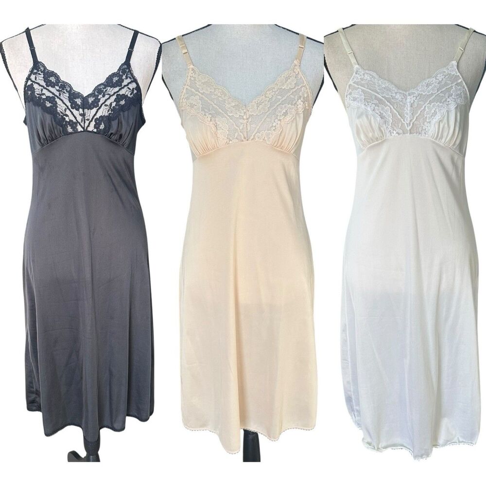 Lot of 3 VTG Hanes Her Way Nylon Lace Slip Dresses Sz 34 S USA Blk, Peach, White